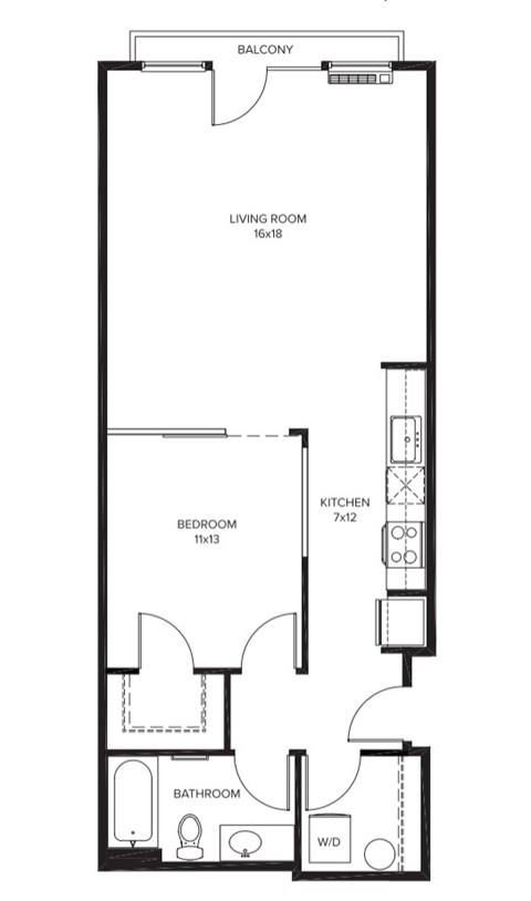 Floor plan for 1 bed, 1 bath, 717 sqft